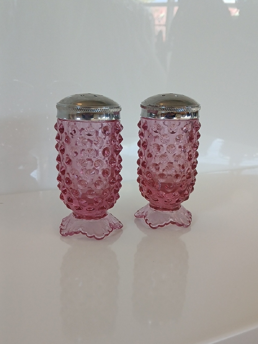 Vintage Pink Purple Hobnail Salt and Pepper Shakers with Silver Tops
